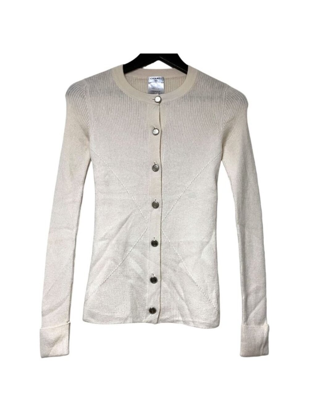 Chanel CC Logo Button Long Sleeve Cashmere Rib Knit Cardigan 34 Ivory
